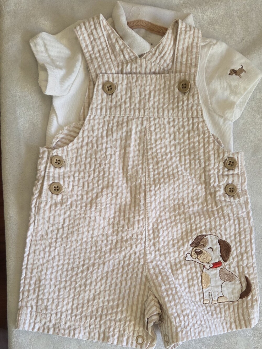 Adorable Little Me Puppy Set | Tan Seersucker Overalls & Polo (3M)